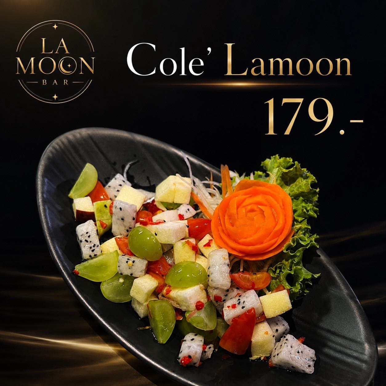 La Moon menu card for the Cole Lamoon fruit salad, dragon fruit and grapes with a carved carrot rose