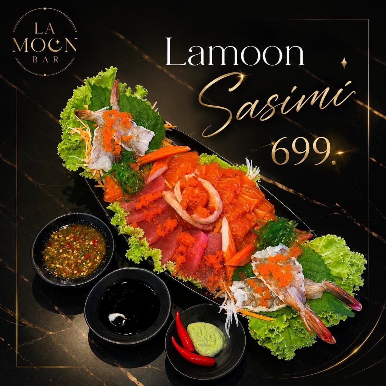 La Moon menu card for Lamoon Sasimi: salmon and prawn sashimi with roe, lettuce and dipping sauces on black slate
